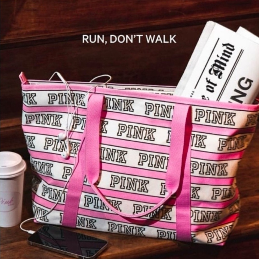 NEW PINK Victoria's Secret Cotton Tote Bag - Pink & White Stripes